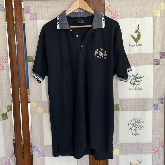Aruba black golf polo shirt, short sleeves, white contrast on collar and sleeves - Picture 1 of 8